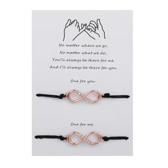 Jewelry - NEW Diamond Rose Gold Toned Infinity One For You One For Me Black Cord Bracelet